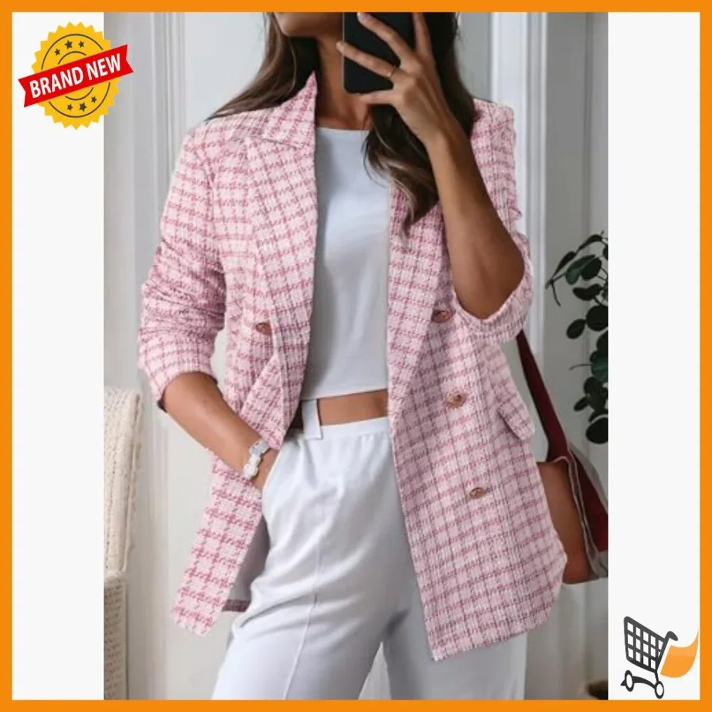 Plaid Tweed Blazer Double Breasted Long Sleeve Open Front Work Casual - Picture 2 of 7